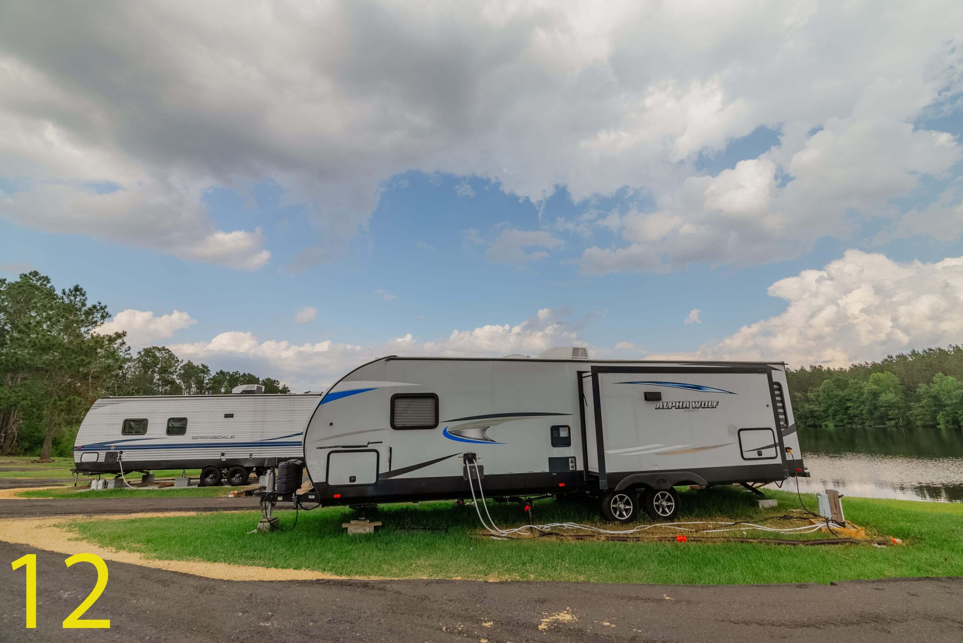 A travel trailer parked on a grassy area with a partly cloudy sky.