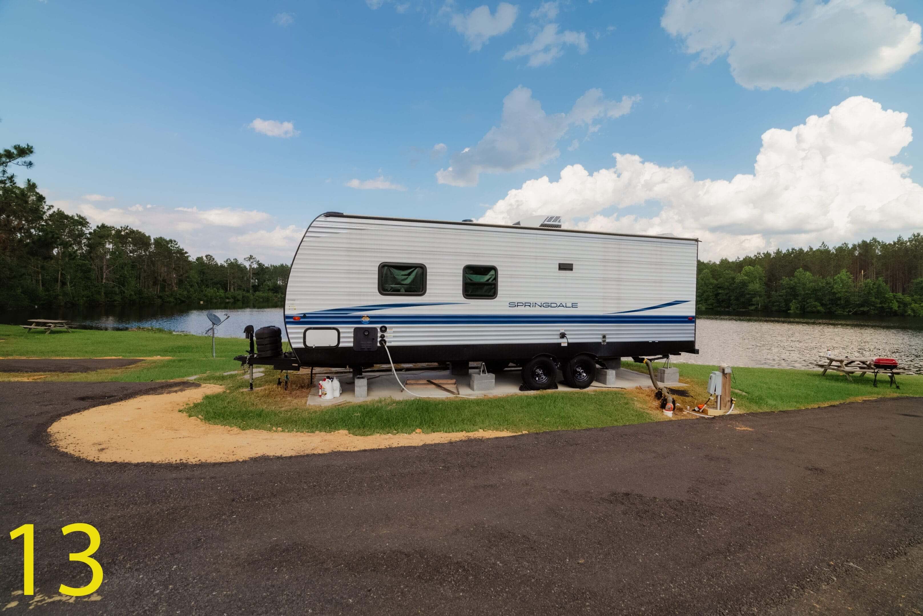 A white RV parked near a lake under a blue sky with clouds.