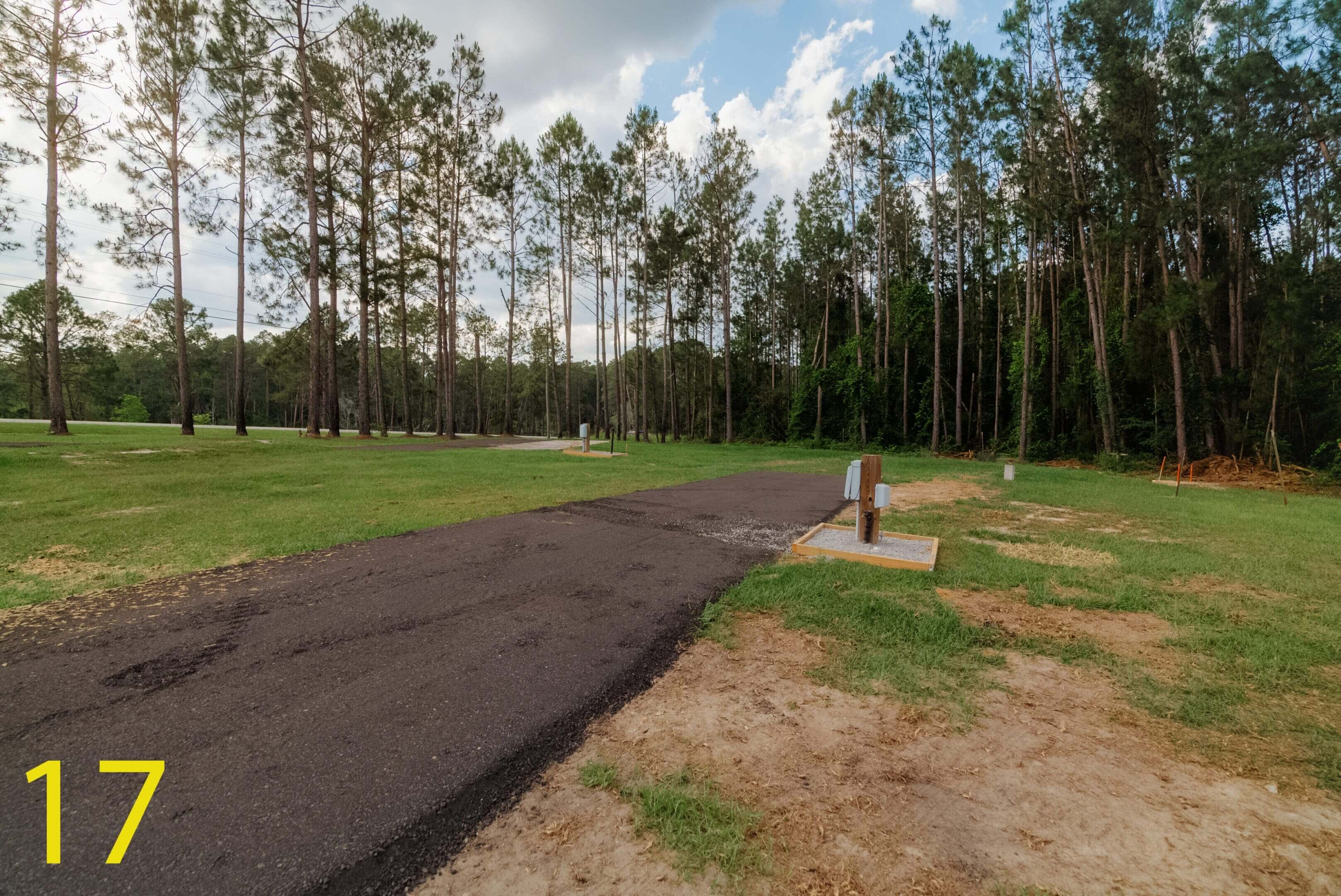 A paved path through a grassy park with trees in the background.