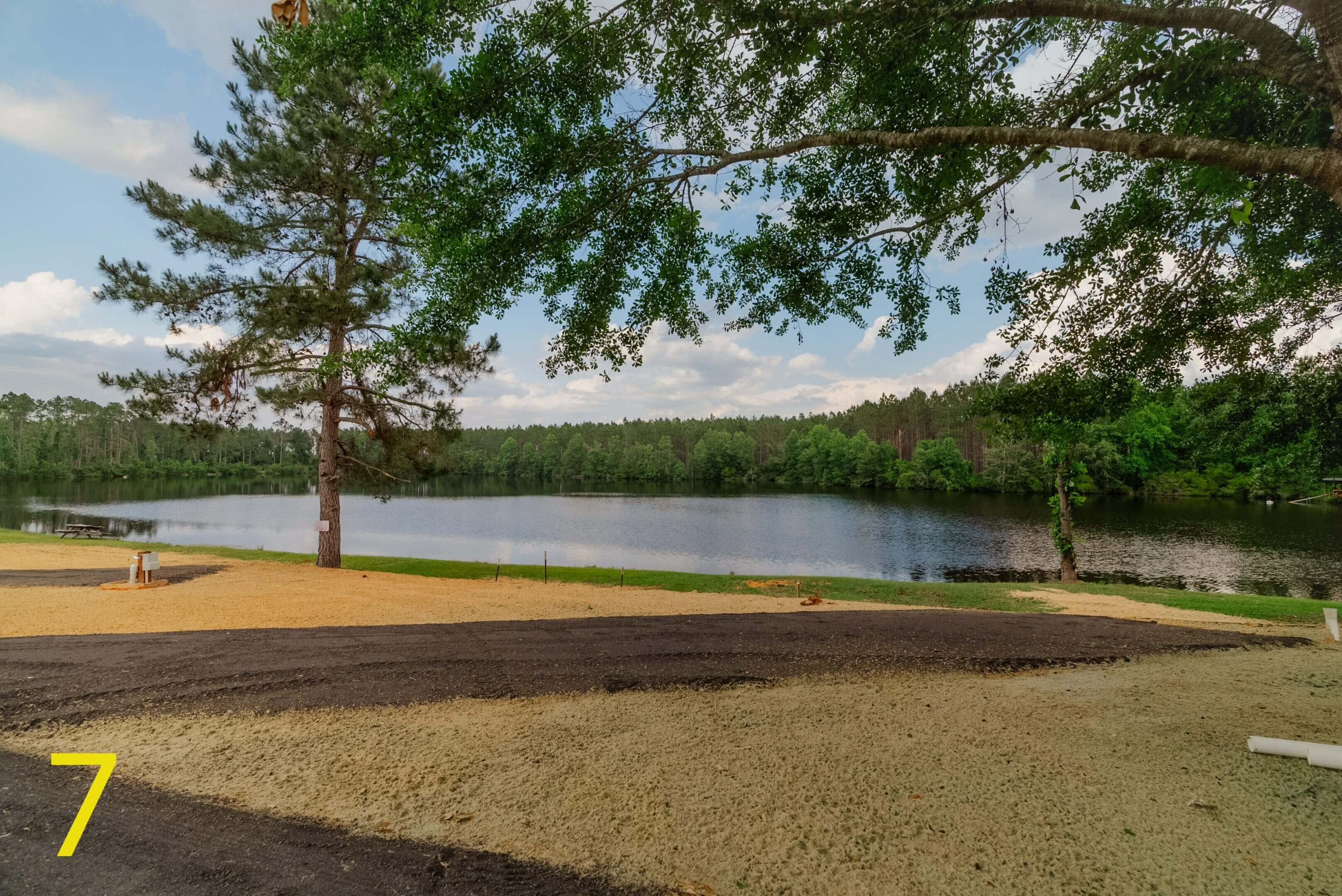 A serene lake with trees and a clear sky.